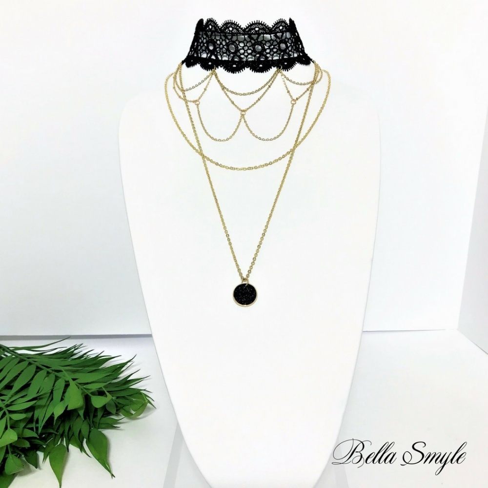 Victorian Multi Layer Pendant Lace Choker Necklace - Picture 2 of 5